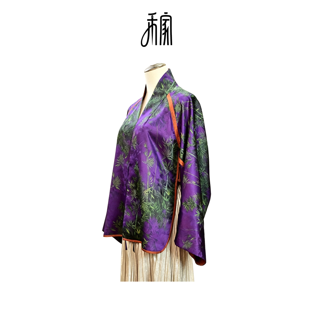 禾家•香云纱新中式绿色宽松提花外披春款蝙蝠衫立领长袖常规款