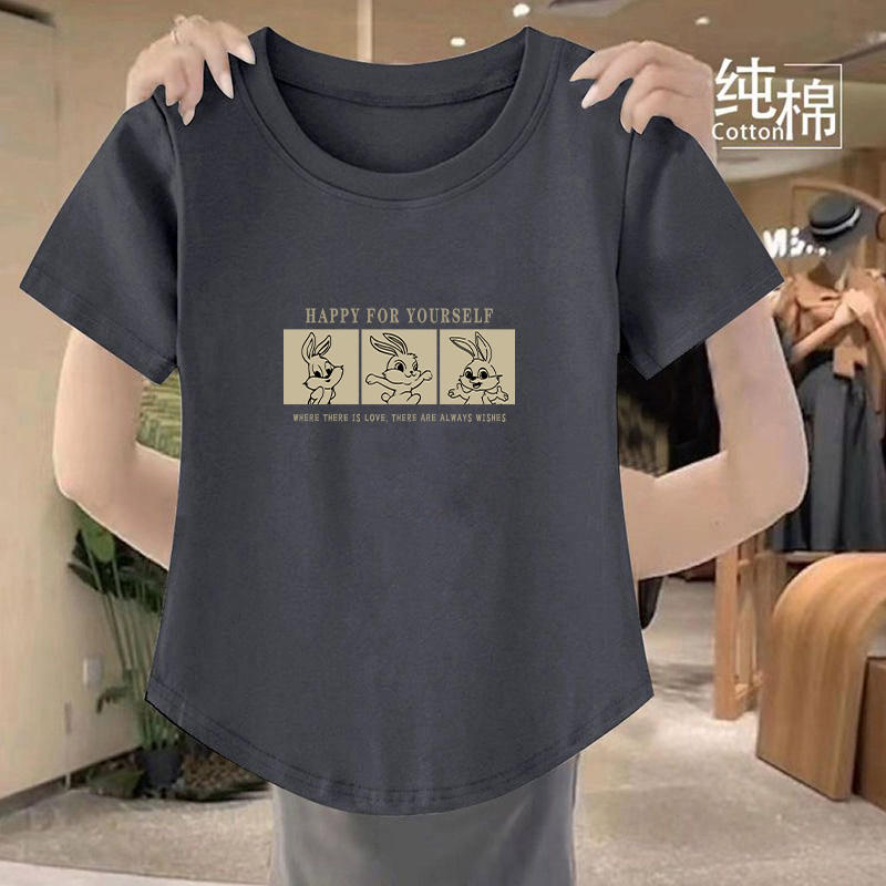 100%纯棉短袖t恤女2025新款热卖圆弧下摆女士宽松遮肉圆领印花衫