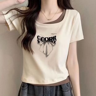 夏季 t恤女设计感撞色上衣潮 小众印花新款 百搭纯棉正肩假两件短袖