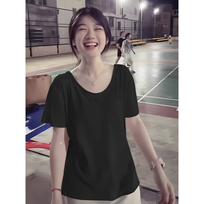 纯棉黑色v领正肩短袖t恤女夏季宽