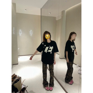 花伴竹字母刺绣短袖 高街国潮牌纯棉黑色上衣 t恤女夏季 设计感美式