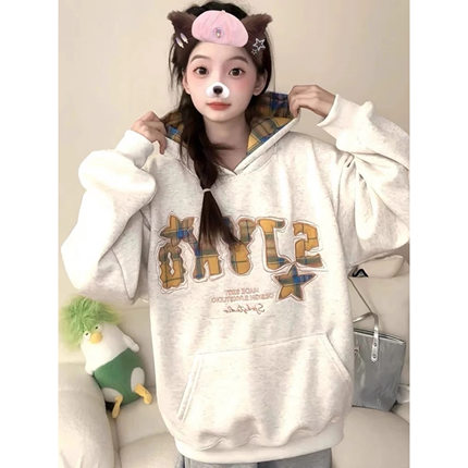 美式高街刺绣连帽卫衣女2024新款秋冬加绒加厚小个子oversize外套