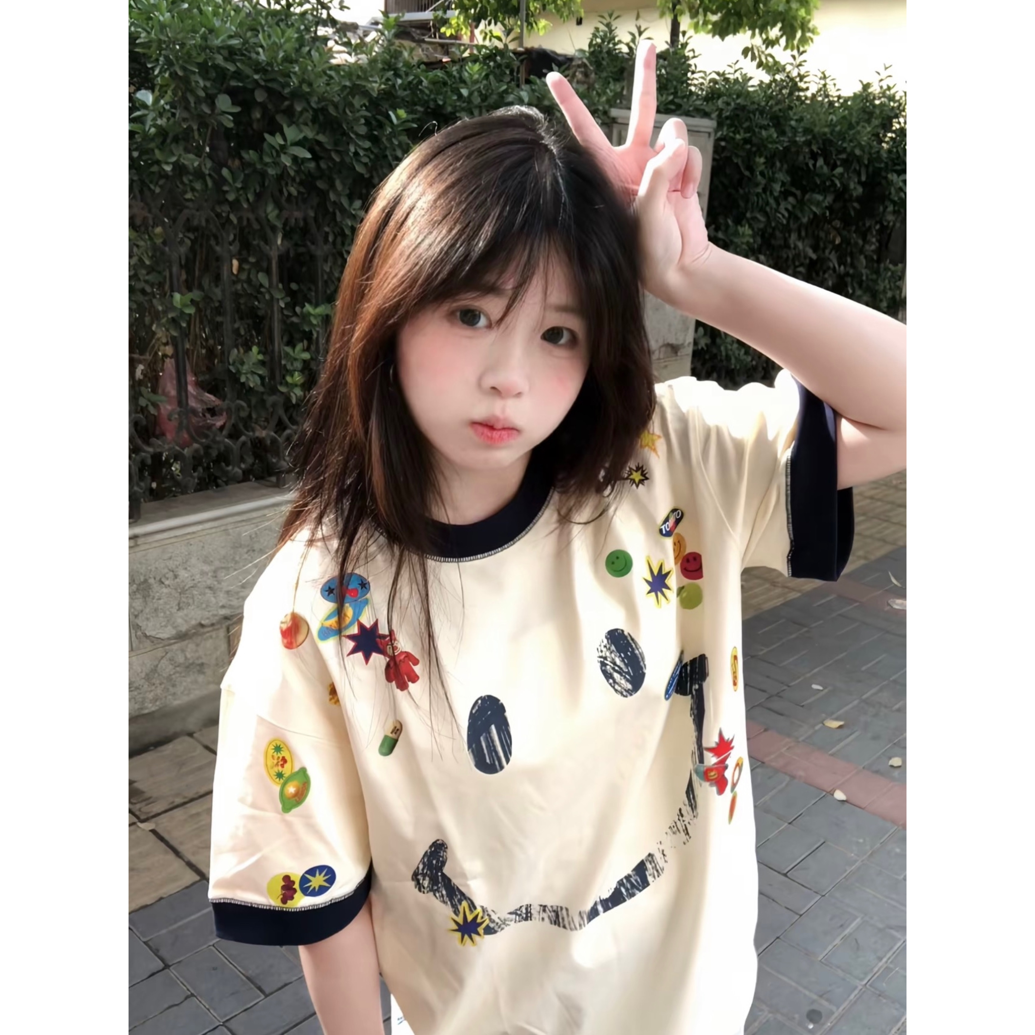 美式高街水果贴纸笑脸印花短袖t