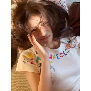 显瘦短款 美式 涂鸦印花t恤国潮牌修身 辣妹正肩短袖 纯棉上衣 女夏季