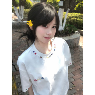 上衣 美式 高街彩色刺绣正肩短袖 t恤女夏季 宽松慵懒风情侣纯棉半袖