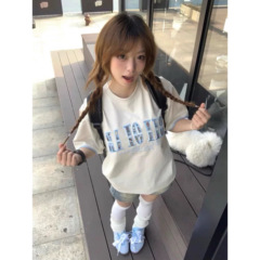 美式潮牌浅蓝刺绣短袖t恤女夏季宽松oversize设计感小众纯棉上衣