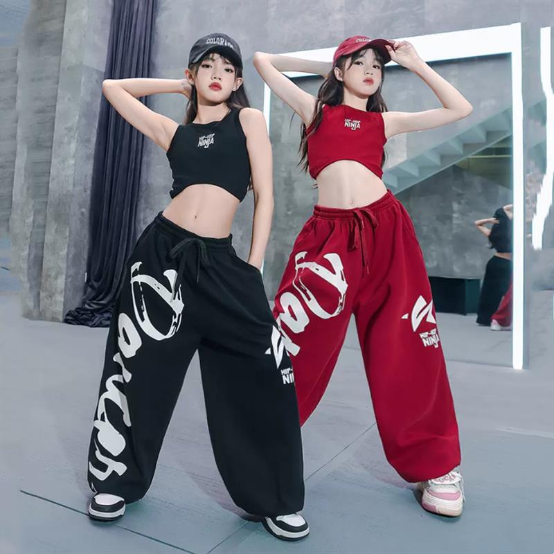 女童爵士舞服套装jazz紧身露脐海浪背心长裤儿童街舞表演出服潮