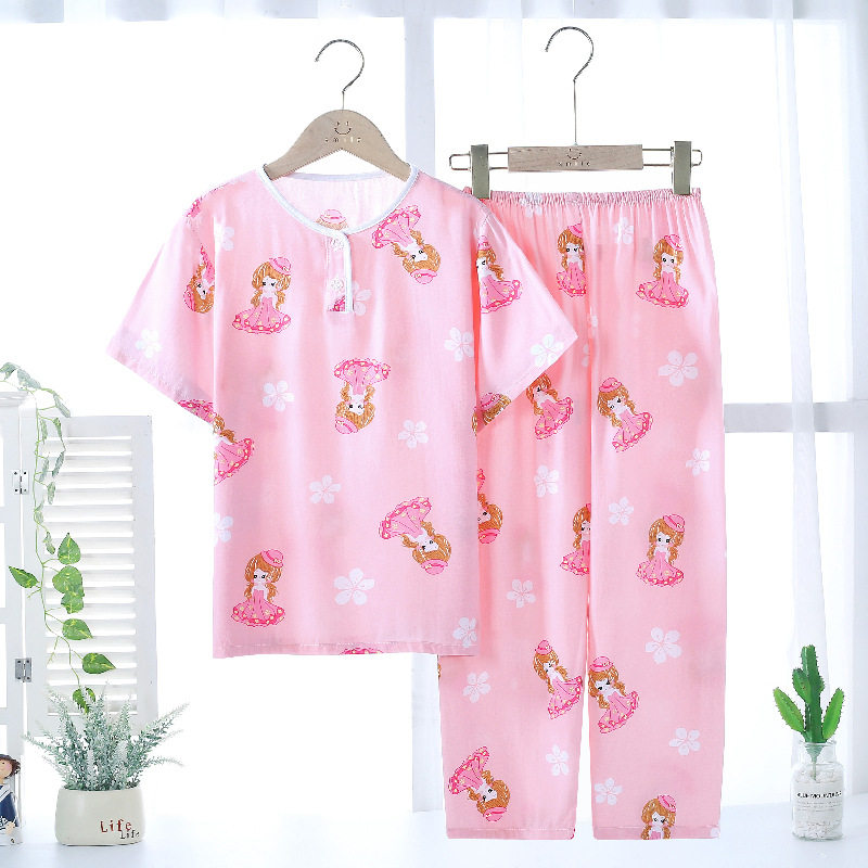 夏天儿童短袖长裤套装夏季男女童空调服宝宝睡衣中大童薄款家居服