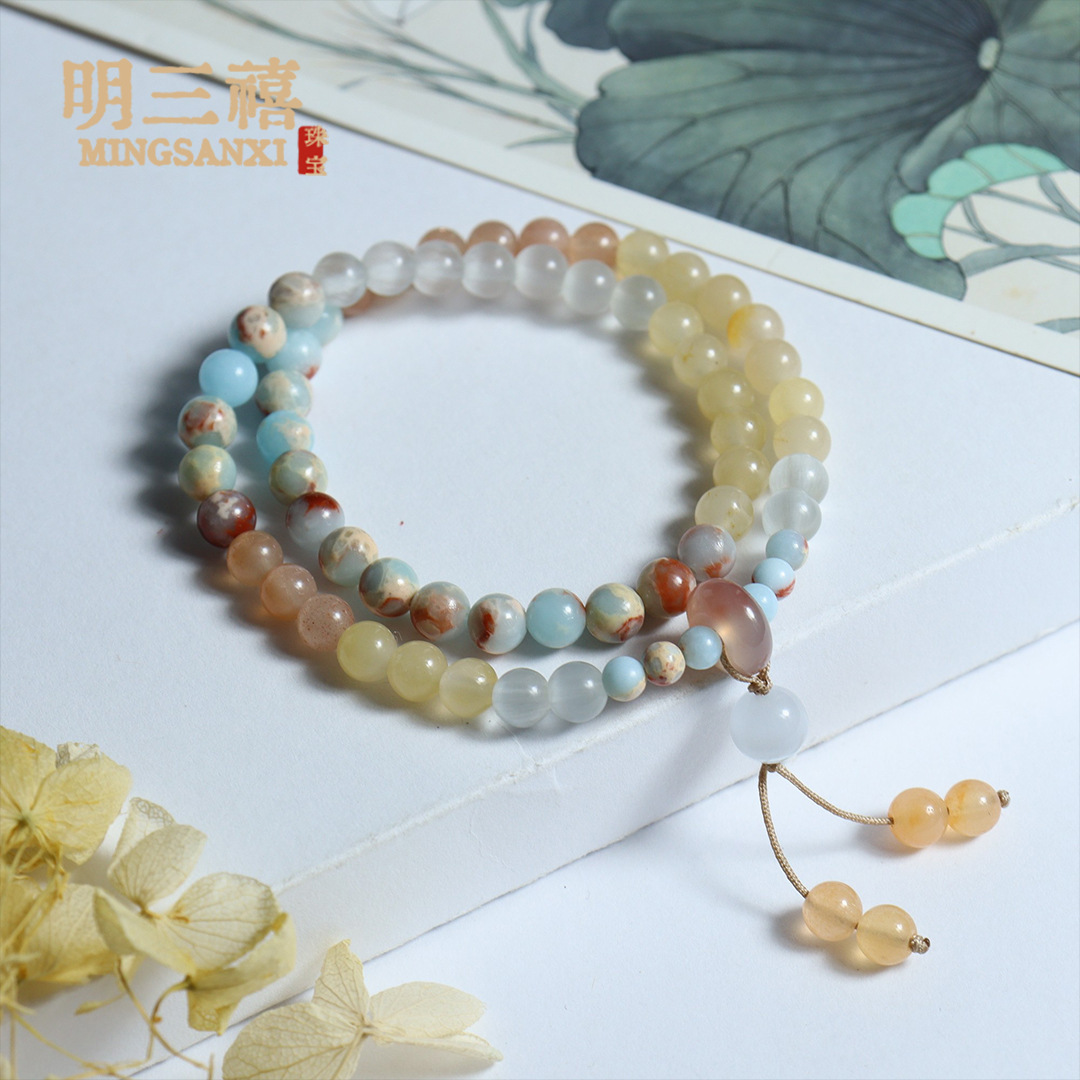 厂家新中式天然寿山石手串星月菩提炭烧小猫双圈文玩粉色手链