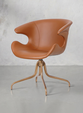 现代简约橙色皮质休闲咖啡椅金属脚旋转会客椅办公椅洽谈椅子985