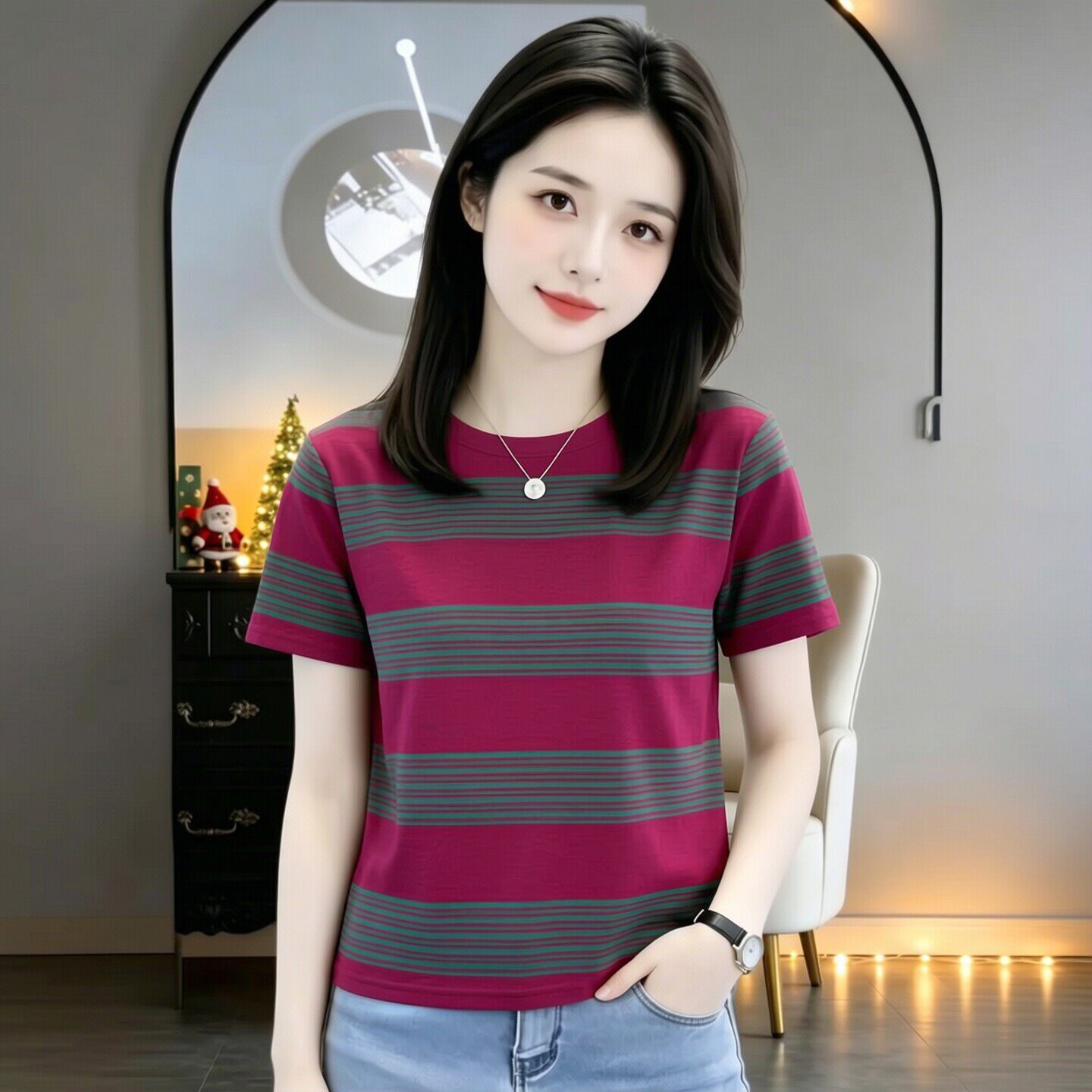 简约百搭纯棉条纹女士超好看短袖T恤女夏季显瘦妈妈气质减龄上衣图片