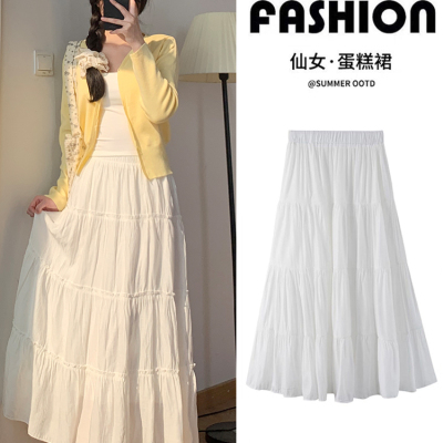 白色荷叶边半身裙女中长款A字裙