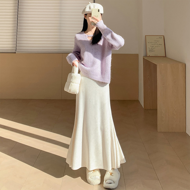 法式温柔风针织鱼尾半身裙女高腰显瘦百搭A字大摆长裙米白色,女装/女士精品,半身裙,淘宝优惠券,粉丝福利购,淘宝优惠卷