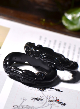 猫叔旗舰店和田玉墨玉料纯手工精雕螭龙招财女士玉镯单只价格