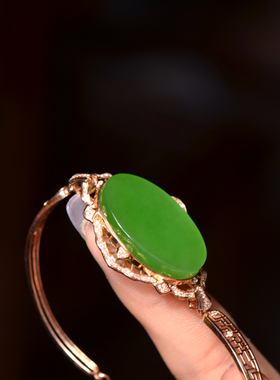 猫叔旗舰店和田玉精品金镶玉老坑冰底阳绿碧玉18k金镶手链女士