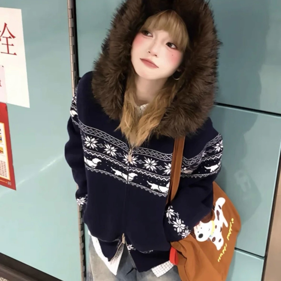 美式复古毛衣外套女秋季费尔岛毛领连帽针织开衫宽松慵懒风上衣潮