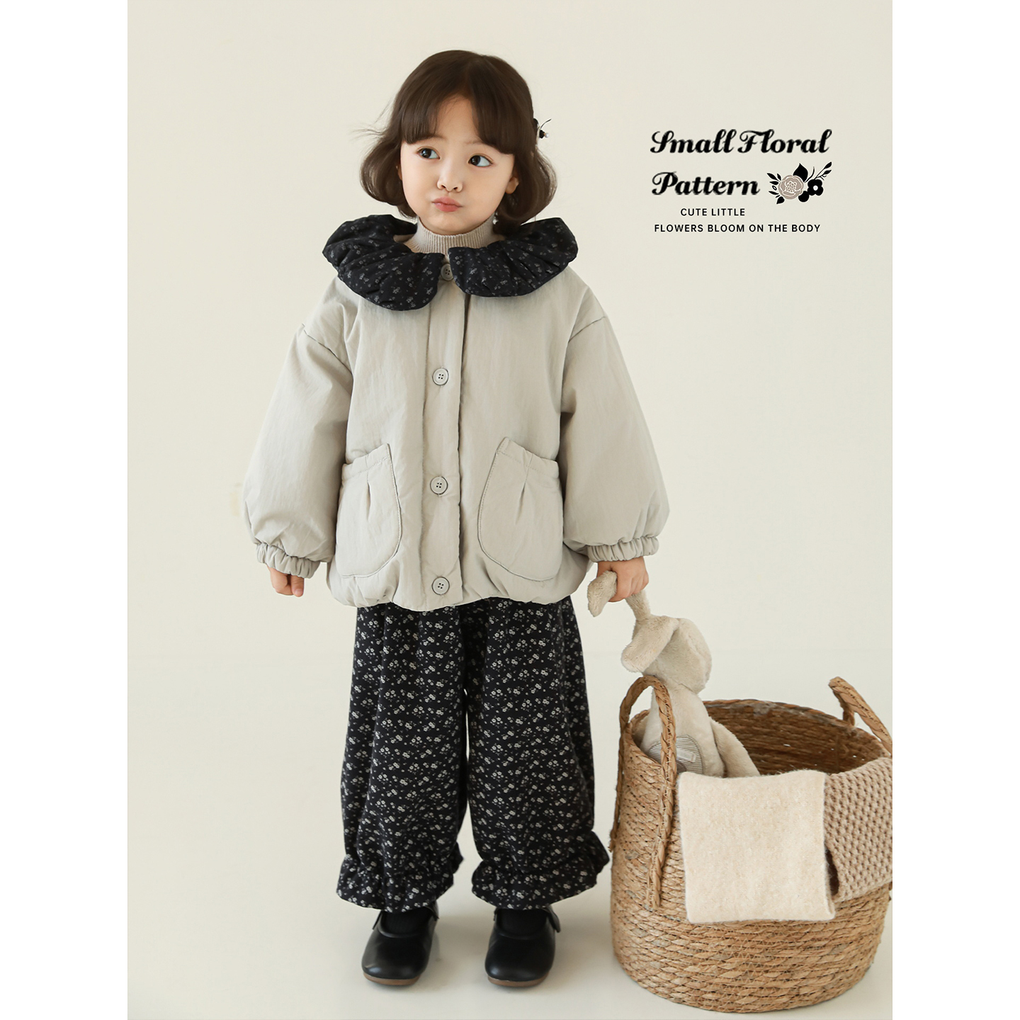 幼悠女童2025冬季新款碎花翻领棉服韩系加厚保暖儿童外套女孩冬装