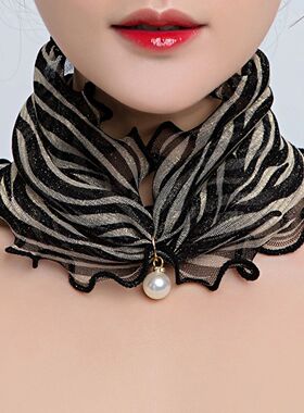 Women Fake Pearl Pendant Neckerchief Print Lace Fake Collar