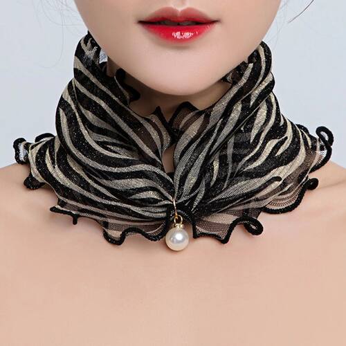 Women Fake Pearl Pendant Neckerchief Print Lace Fake Collar