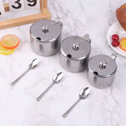 Practical Stainless Steel Sugar Bowl With Handle Lid Spoon D