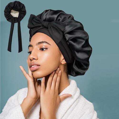 Women Big Satin Bonnet Extra Elastic Long Strap Night Sleep