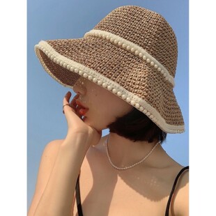 Women Hat Korea Fas Straw Kawaii Pearl Lace Summer Sunscreen
