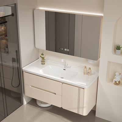 橡木烤漆陶瓷一体盆奶油风浴室柜