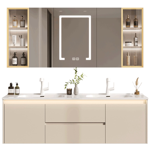 双盆浴室柜组合奶油风陶瓷一体盆洗漱台卫生间洗脸盆柜洗手台盆柜