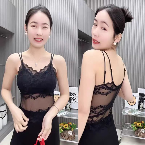 U型时尚带胸垫内衣微透法式蕾丝吊带美背女百搭薄款性感背心内搭