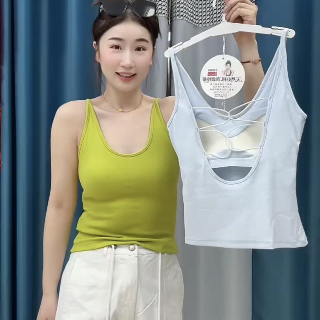 妃子纪2806纯棉背心带一体胸垫后背交叉白色吊带女内搭抹胸上衣