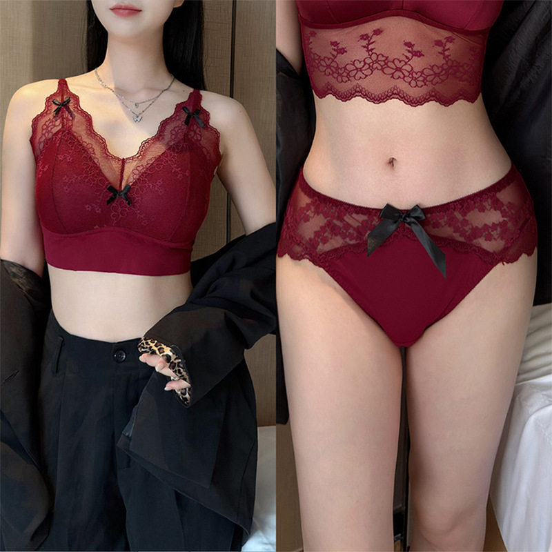 性感纯欲风蕾丝蝴蝶结吊带美背内衣内裤套装女内搭聚拢舒适文胸罩