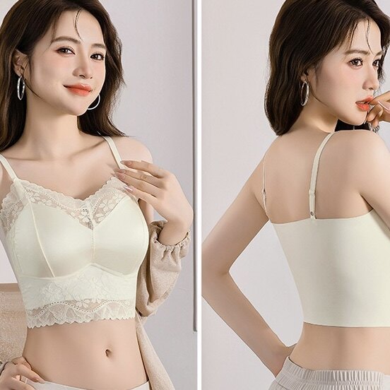 短款蕾丝缎面美背裹胸抹胸一体固定杯内衣无痕透气无钢圈吊带背心