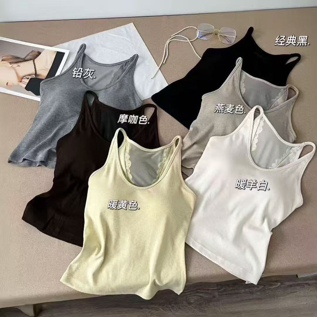 网红爆款女性感蕾丝拼接针织露背一体杯挂脖吊带内搭美背背心上衣