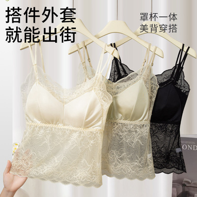 法式蕾丝美背带胸垫吊带背心女