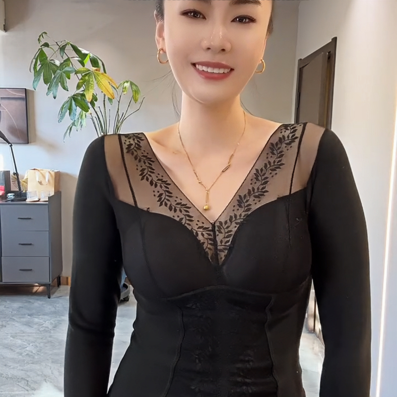 蕾丝拼接性感保暖长袖一体式杯垫无钢圈内衣上衣双面磨毛修身内搭