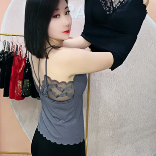 美背奢华丝质性感法式复古蕾丝美背吊带背心打底性感固定杯内衣