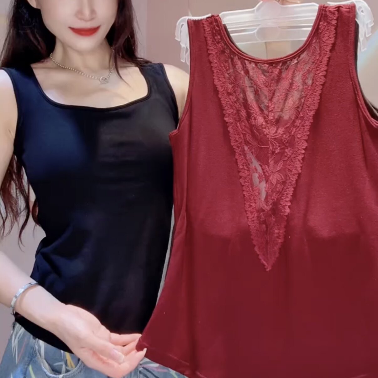 秋冬磨毛新款性感辣妹背心女方领后背蕾丝透视带胸垫拼接小吊带
