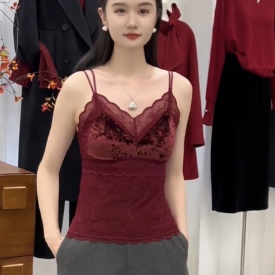 丝绒拼接蕾丝加绒V领女士秋冬保暖背心内衣上衣固定杯带胸发热