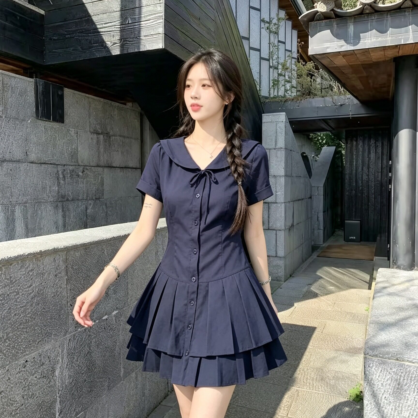 海军领JK连衣裙短袖收腰百褶