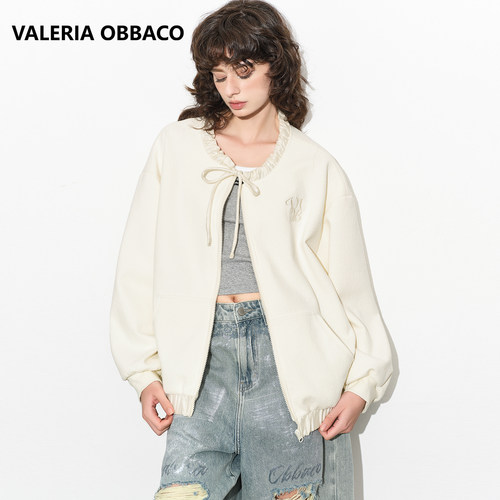 Valeria Obbaco奥贝科女装时尚感米杏色木耳边领系带拉链卫衣外套