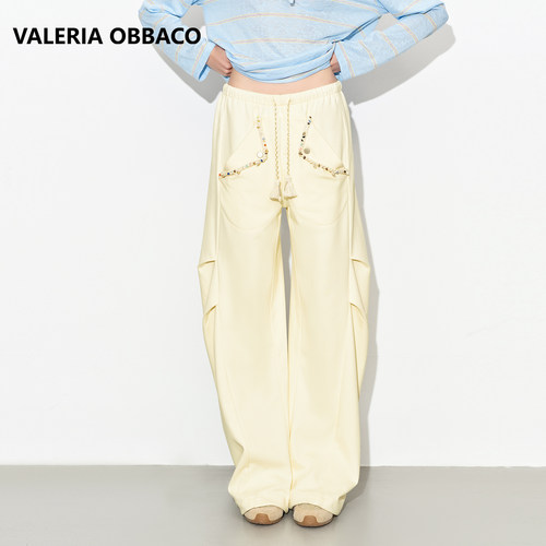 Valeria Obbaco奥贝科夏季款贝壳织带打褶抽绳休闲裤阔腿裤女