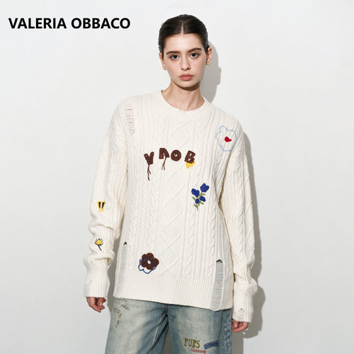 Valeria Obbaco奥贝科VO米色特种绣小花线迹毛衣
