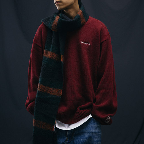 BananaClub 秋冬酒红色趣味刺绣休闲套头情侣限定针织衫毛衣