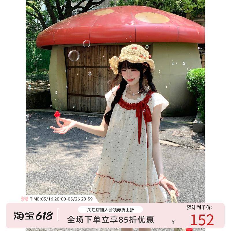 Bibi Bency2025新款小个子夏季蝴蝶结小飞袖短裙波点连衣裙女中长