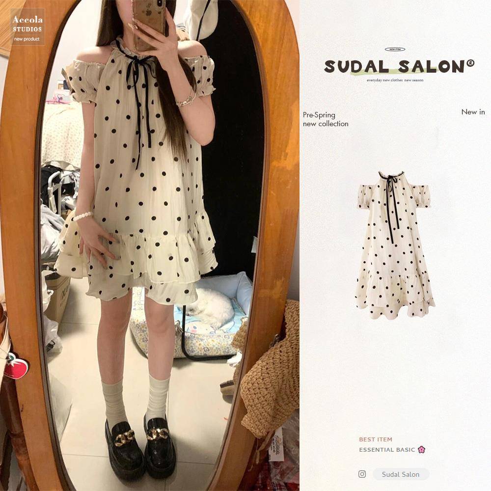法式气质波点无袖挂脖连衣裙夏季新款女小个子收腰显瘦蓬蓬娃娃裙