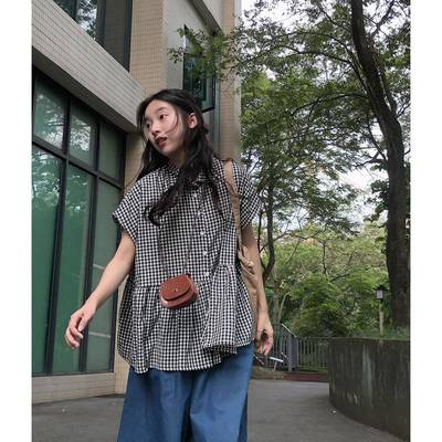 五是喜喜~日系学院风复古格子短袖衬衫女夏季小个子宽松百搭上衣