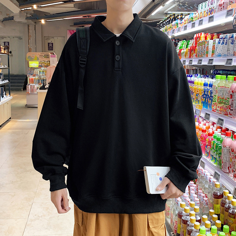 休闲polo衫男春秋季薄款潮流翻领长袖打底衫港风宽松大码外套衣服