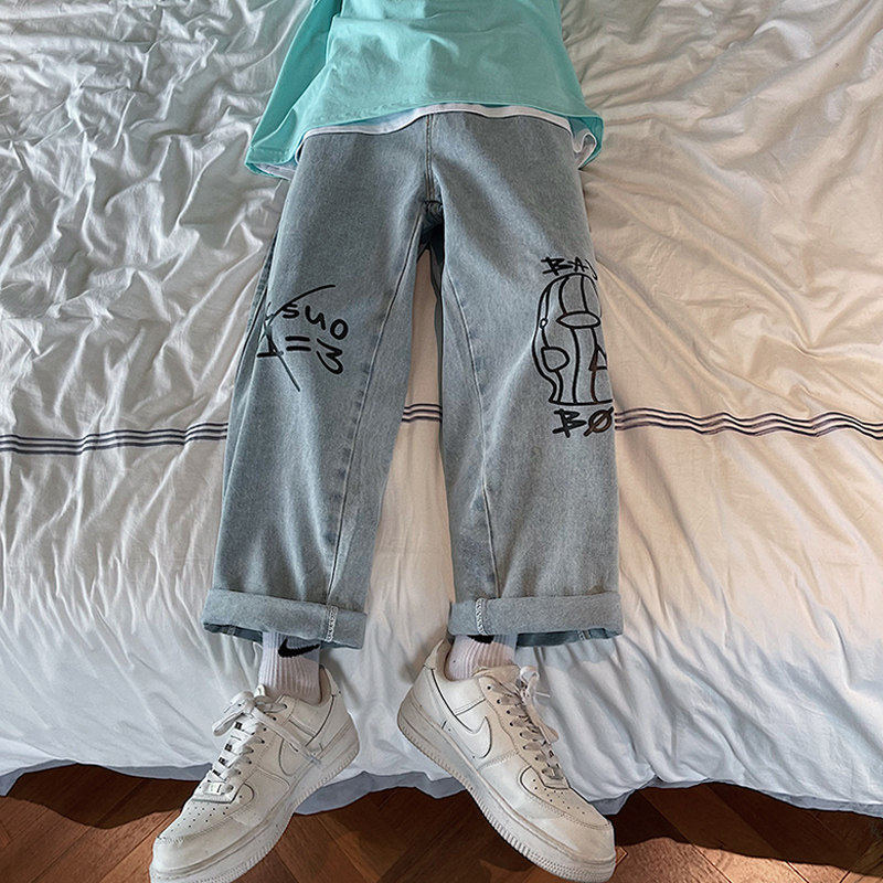 卡通涂鸦裤子男韩版潮流夏季薄款九分牛仔裤宽松直筒休闲阔腿长裤