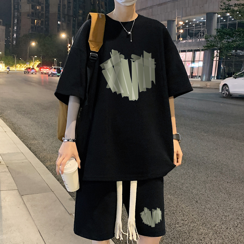 ins运动男士套装夏装休闲青少年华夫格冰丝短袖短裤一套男装搭配