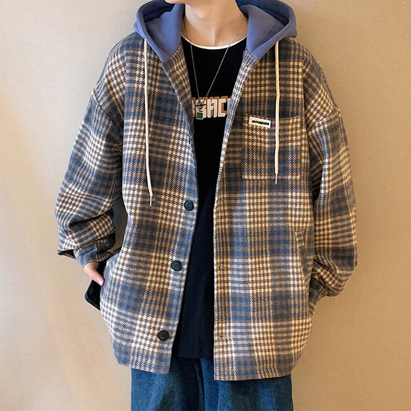 复古格子连帽外套男春秋潮牌ins宽松休闲百搭chic港风痞帅气夹克